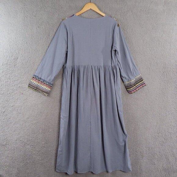 Moosta Dress Medium Boho Long Sleeve Embroidered Tassel Trim Pullover Geometric - Picture 6 of 10